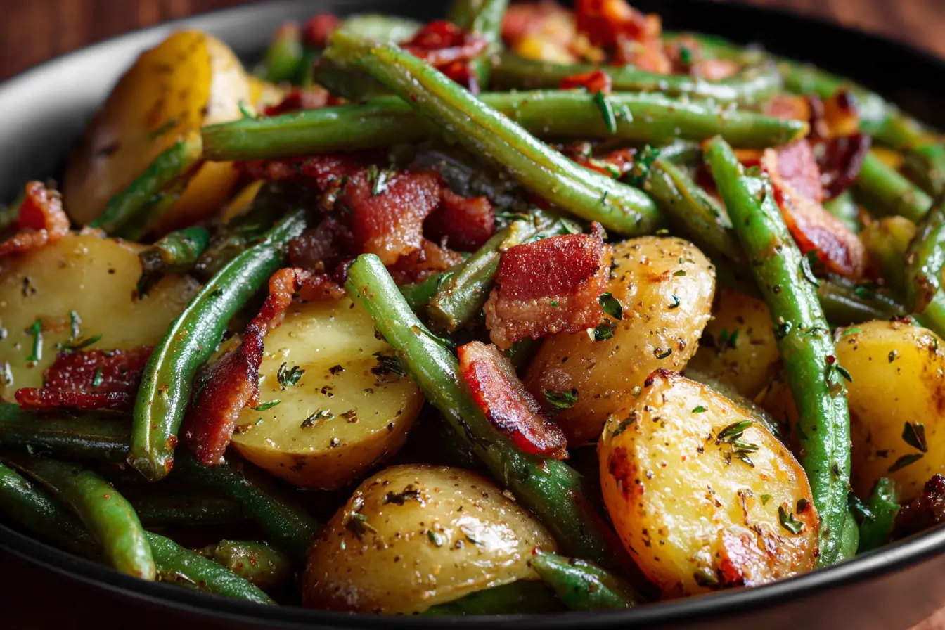 Country Ranch Green Beans and Potatoes with Bacon in a skillet, golden baby potatoes, crisp green beans, smoky bacon, ranch herbs, weeknight side