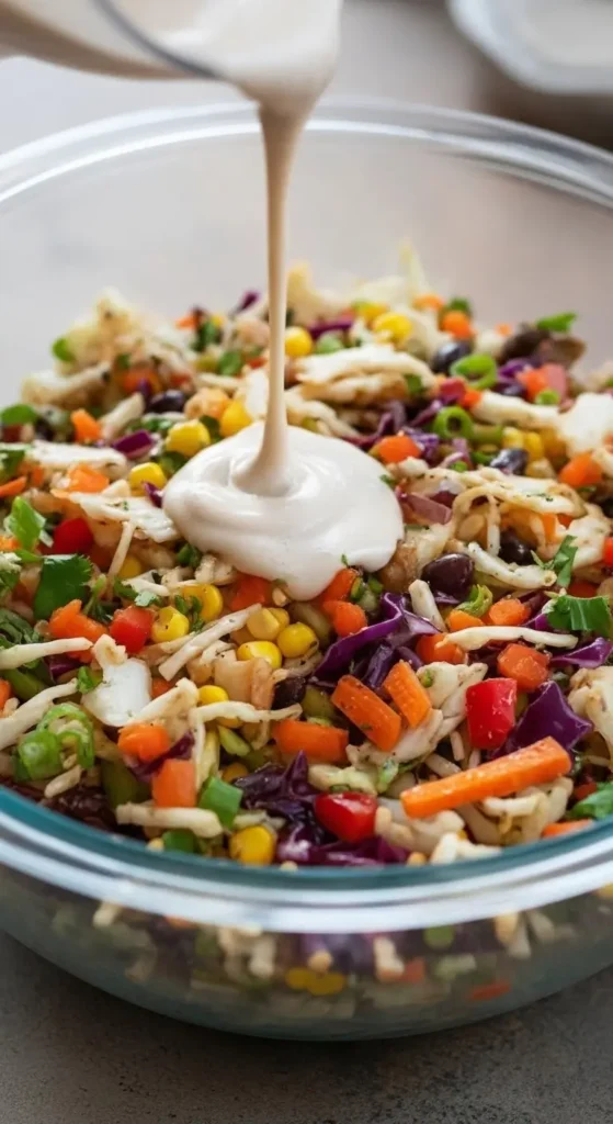 Cowboy Cabbage - Super VIRAL Recipe 4 Cowboy Cabbage salad mixed with shredded cabbage, beans, corn, and cheesy creamy dressing, lime wedge and brown napkin beside the bowl