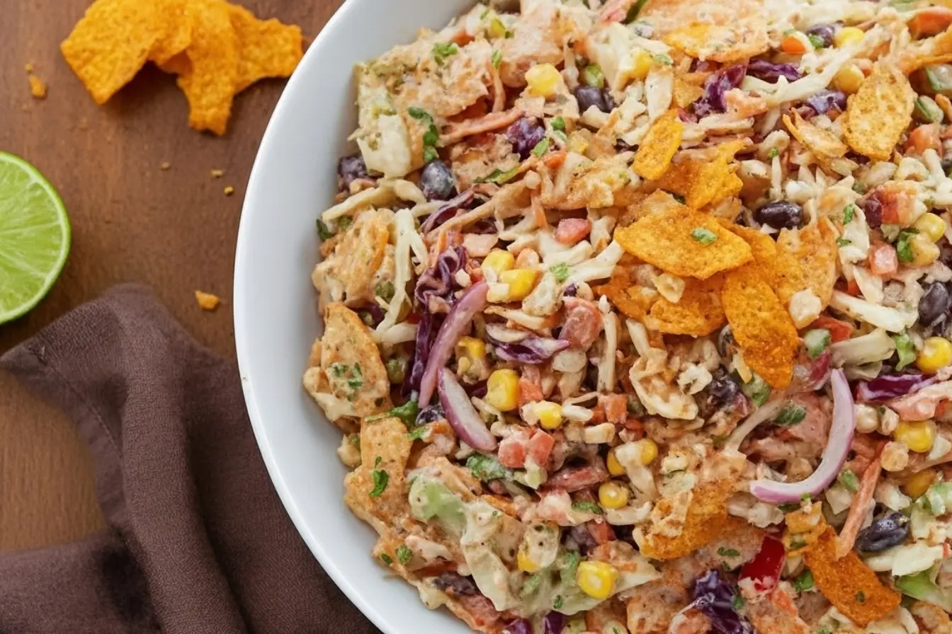 Cowboy Cabbage - Super VIRAL Recipe 3 Overhead bowl of Cowboy Cabbage with creamy coleslaw, black beans, corn, cheddar, and crunchy corn chips on a wooden table
