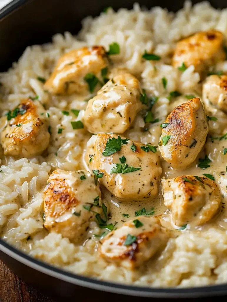 Creamy Herb Chicken & Basmati Rice 4 Close up of creamy herb chicken over fluffy basmati rice, fresh parsley garnish, quick skillet meal for family dinner