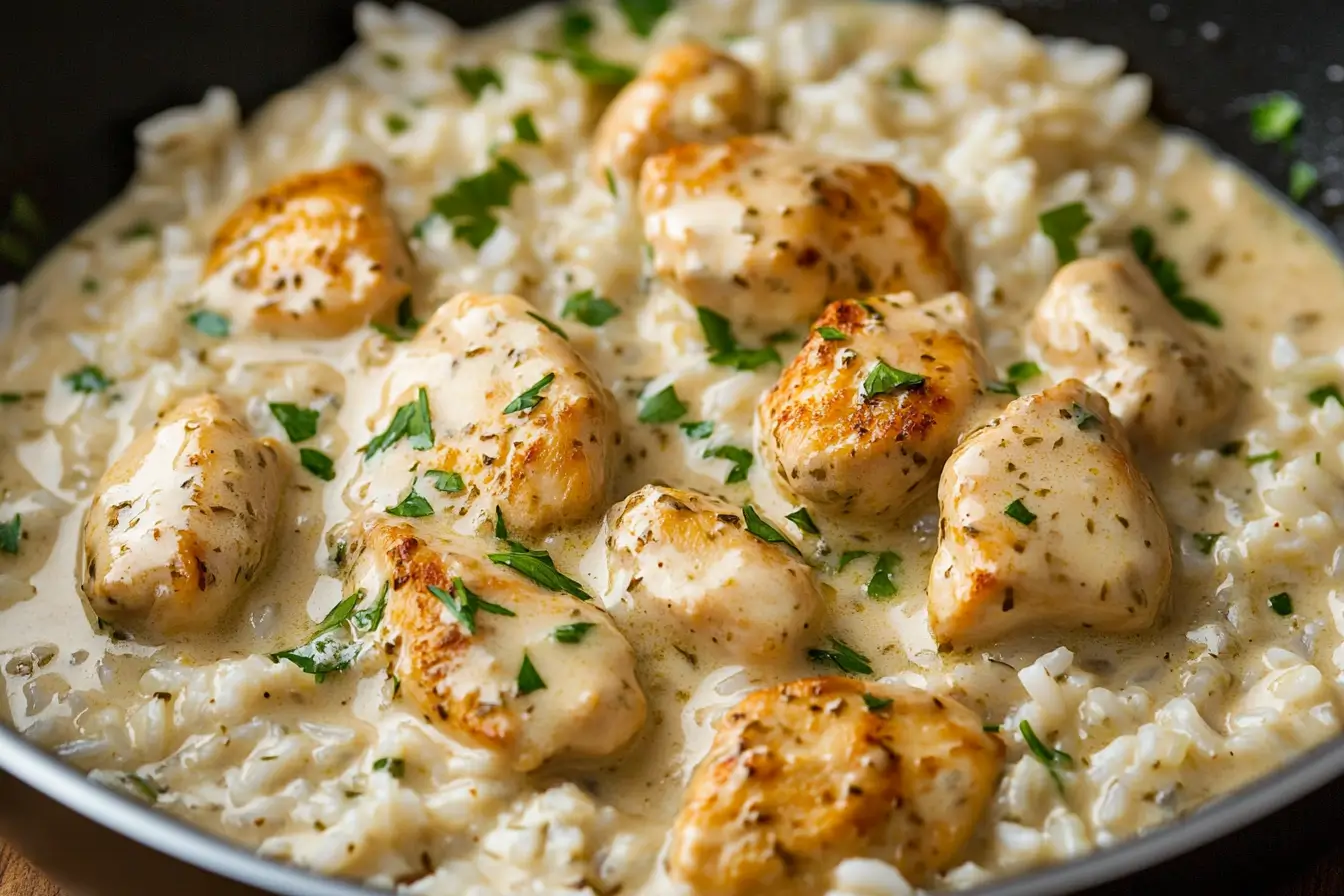 Creamy Herb Chicken & Basmati Rice 3 Skillet of creamy herb chicken with basmati rice, tender seared pieces in a rich herb sauce, easy one pan weeknight dinner