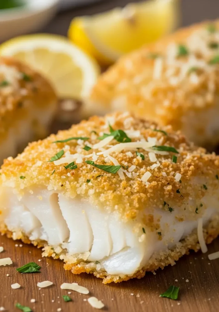 Flaky cod in the air fryer coated in a crunchy parmesan panko crust, garnished with parsley and served with lemon