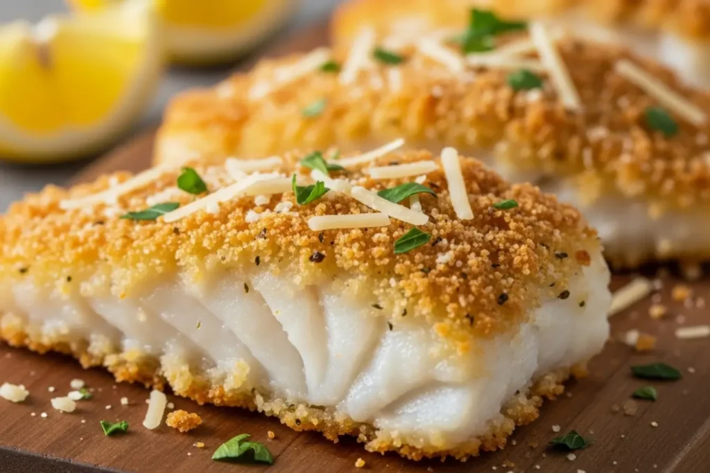 Crispy Air Fryer Parmesan Cod fillets with golden breadcrumb crust, fresh parsley, and lemon wedges, a quick weeknight fish dinner
