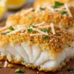 Crispy Air Fryer Parmesan Cod fillets with golden breadcrumb crust, fresh parsley, and lemon wedges, a quick weeknight fish dinner