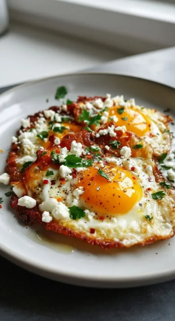 Crispy Feta Fried Eggs 4 Close up of Crispy Feta Fried Eggs in a skillet, bubbly feta crisps around set whites and runny centers, fast high protein breakfast inspiration