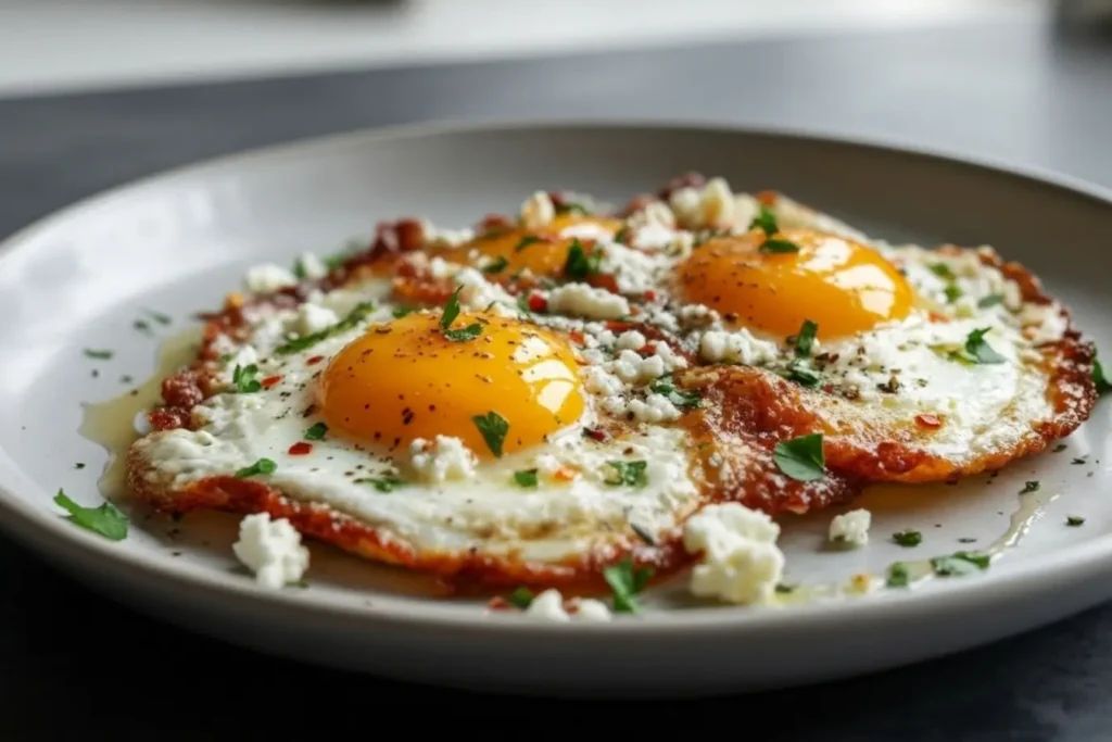 Overhead shot of Crispy Feta Fried Eggs with golden lacy edges, creamy yolks, feta crumbles, and fresh herbs on a plate, easy breakfast or brunch recipe idea