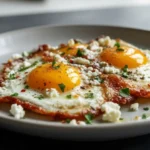 Crispy Feta Fried Eggs 5 Overhead shot of Crispy Feta Fried Eggs with golden lacy edges, creamy yolks, feta crumbles, and fresh herbs on a plate, easy breakfast or brunch recipe idea