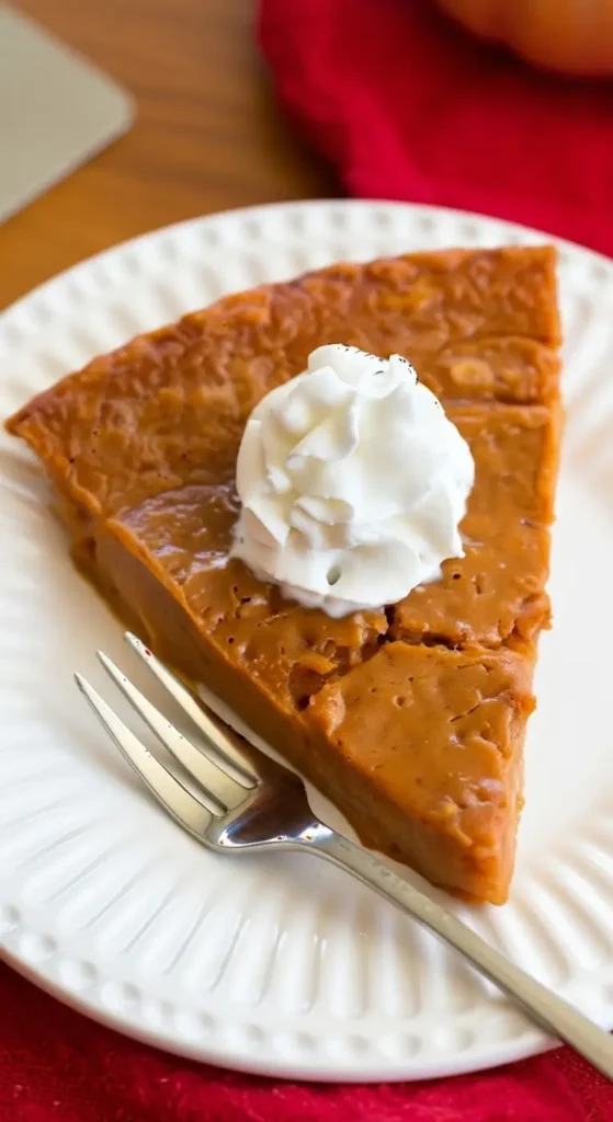 Crustless pumpkin pie wedge topped with whipped cream, red napkin in background, gluten free option, quick Thanksgiving dessert