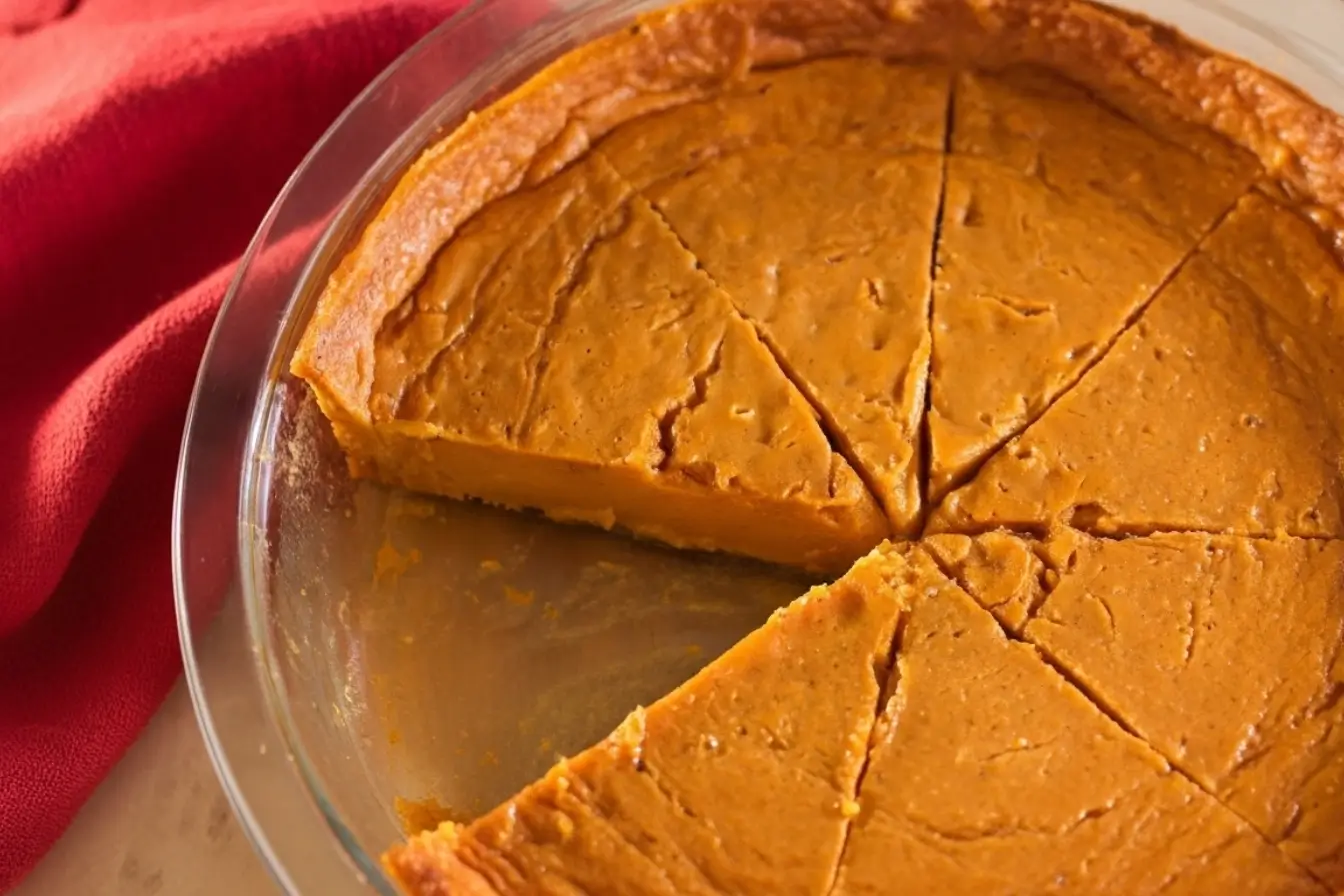 Slice of crustless pumpkin pie on a white plate with whipped cream and a fork, smooth custard texture, easy healthy fall dessert