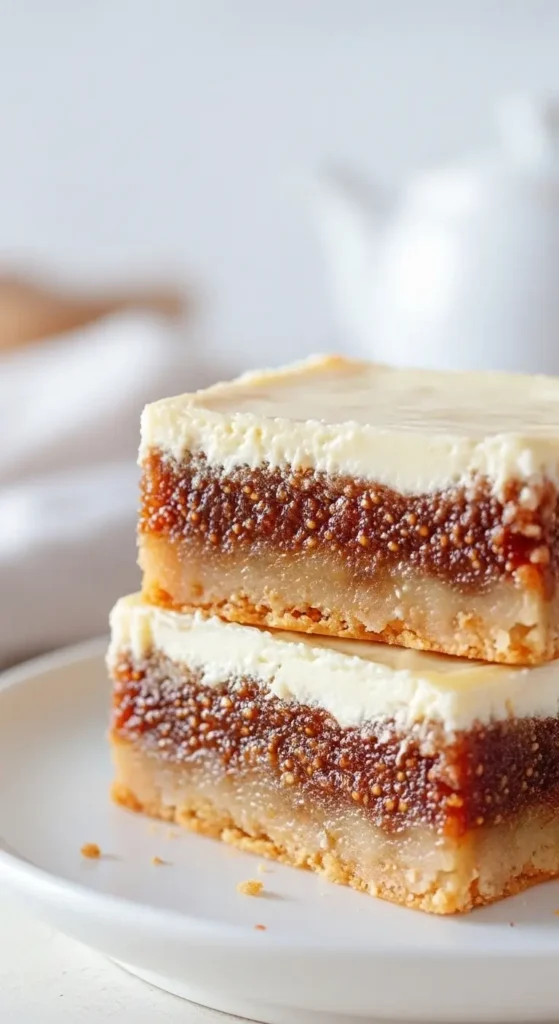 Close up of Fig And Cream Cheese Bars with visible fig seeds, tender shortbread base, smooth cream cheese layer, bakery style squares for parties