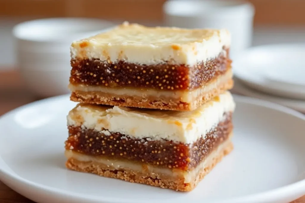 Fig And Cream Cheese Bars stacked on a white plate, buttery shortbread crust, jammy fig filling, creamy cheesecake style topping, easy dessert idea