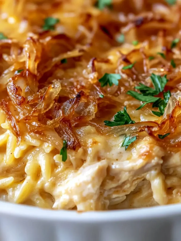 Golden baked French Onion Chicken Orzo Casserole, creamy orzo and tender chicken under a bubbly cheesy onion crust on a wooden spoon