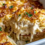 Close up of French Onion Chicken Orzo Casserole with caramelized onions and a creamy cheese pull scooped from a white baking dish