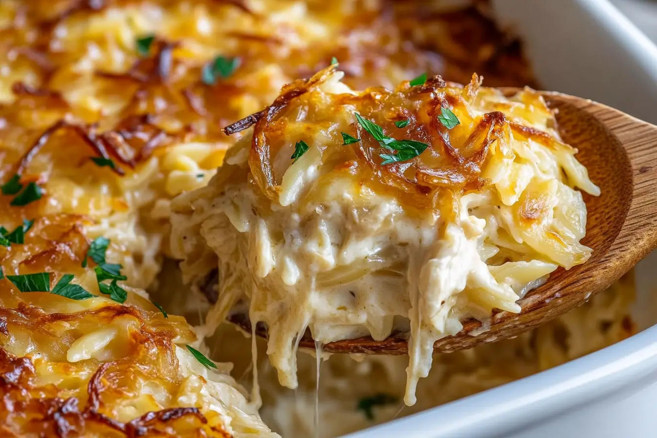 Close up of French Onion Chicken Orzo Casserole with caramelized onions and a creamy cheese pull scooped from a white baking dish