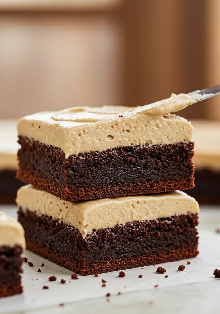 Thick, chewy brownies infused with espresso, smooth coffee frosting on top, bakery-style bars illustrating Frosted Coffee Brownies Recipe.
