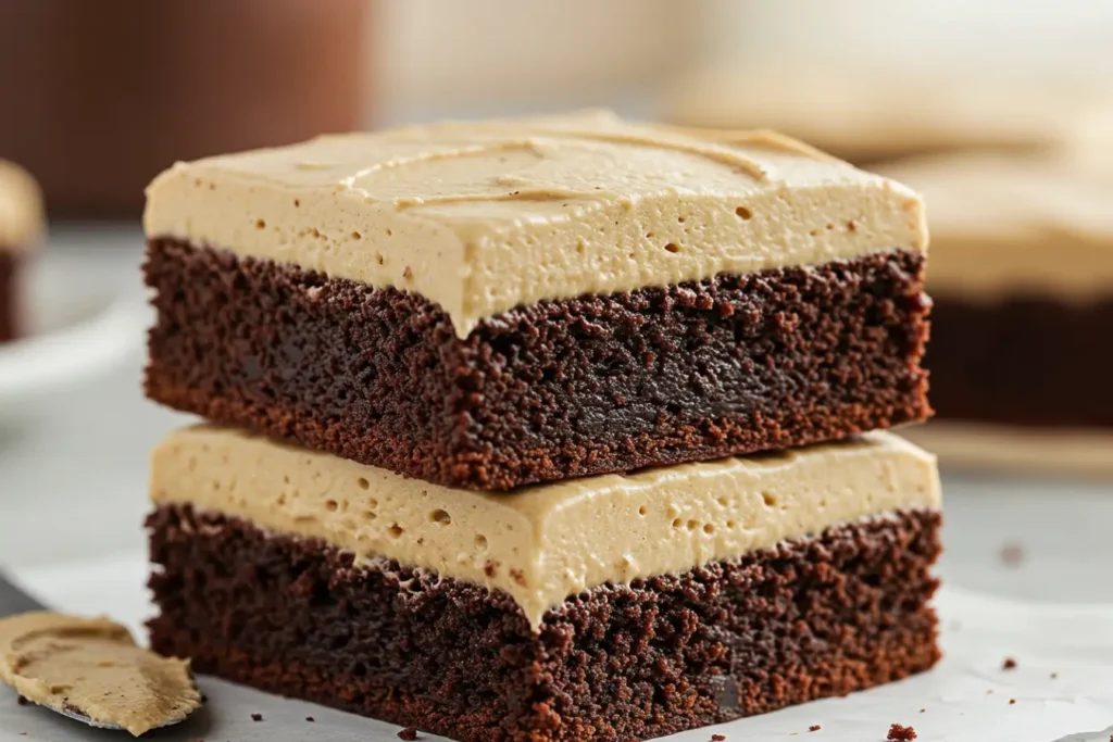 Close-up of two fudgy coffee brownies stacked, topped with creamy mocha frosting, dessert bar photo for Frosted Coffee Brownies Recipe.