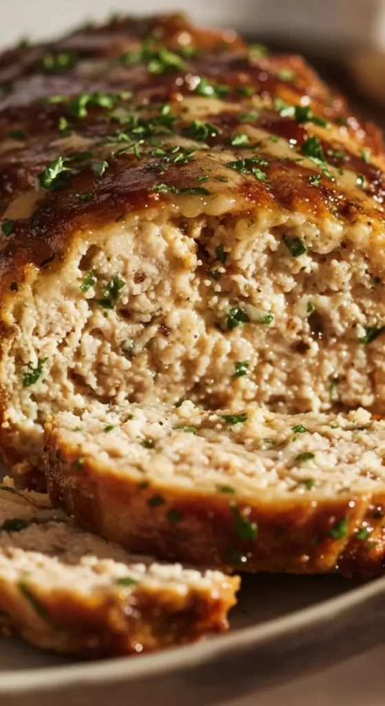 Garlic Parmesan Chicken Meatloaf 4 Close-up of Garlic Parmesan Chicken Meatloaf, tender chicken slices with melted parmesan, garlic, and herbs, perfect for family dinner and meal prep
