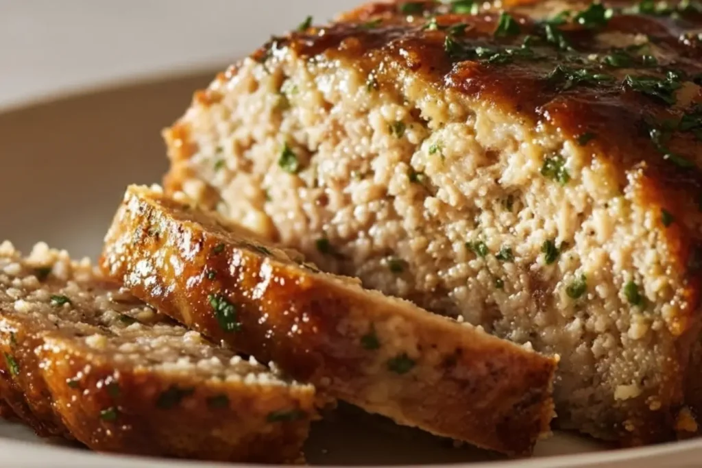 Sliced Garlic Parmesan Chicken Meatloaf on a wooden board, juicy and golden with a garlicky parmesan glaze and fresh parsley, easy weeknight dinner
