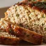 Garlic Parmesan Chicken Meatloaf 5 Sliced Garlic Parmesan Chicken Meatloaf on a wooden board, juicy and golden with a garlicky parmesan glaze and fresh parsley, easy weeknight dinner