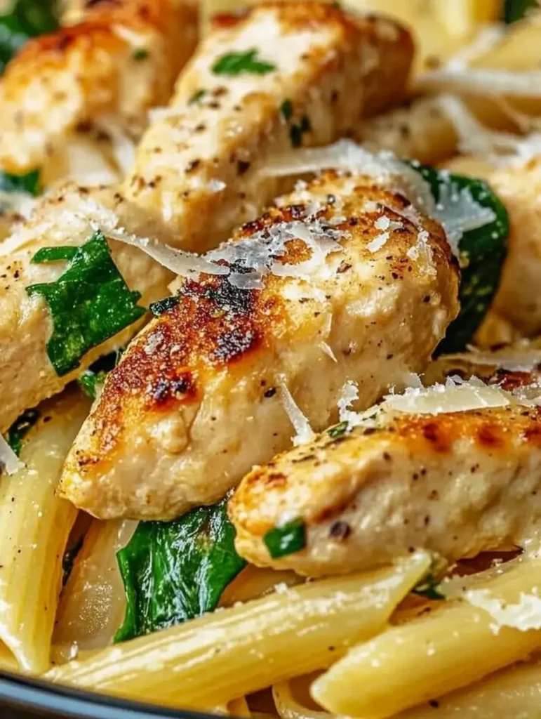 Garlic Parmesan Chicken Pasta Recipe 4 Creamy Garlic Parmesan Chicken Pasta Recipe showing golden chicken, al dente penne, fresh spinach, and cheese shavings