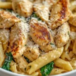 Garlic Parmesan Chicken Pasta Recipe 5 Close up of Garlic Parmesan Chicken Pasta Recipe with creamy penne, seared chicken strips, spinach, and grated parmesan in a skillet