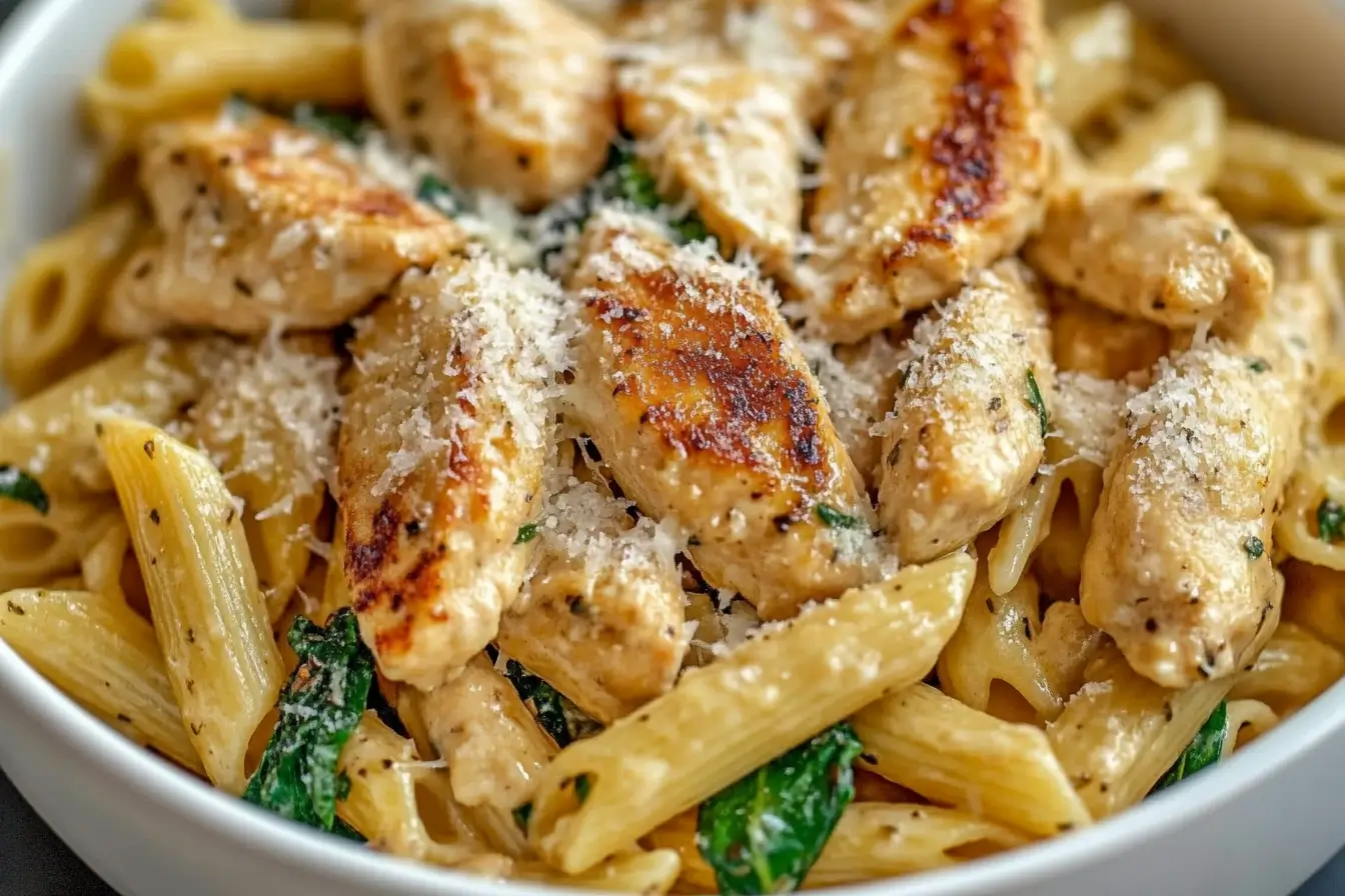 Garlic Parmesan Chicken Pasta Recipe 3 Close up of Garlic Parmesan Chicken Pasta Recipe with creamy penne, seared chicken strips, spinach, and grated parmesan in a skillet
