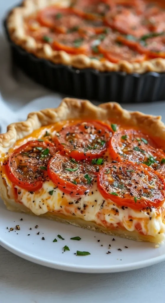 Close-up of Georgia Cheesy Tomato Pie, golden crust with creamy layers, ripe tomatoes, cracked pepper and chives, easy Southern summer dinner