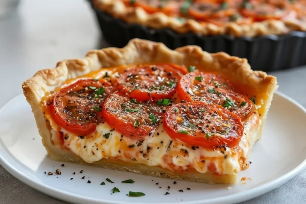 Slice of Georgia Cheesy Tomato Pie on a plate, flaky crust, creamy cheese filling, fresh tomato rounds and herbs, classic Southern tomato pie recipe