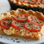 Slice of Georgia Cheesy Tomato Pie on a plate, flaky crust, creamy cheese filling, fresh tomato rounds and herbs, classic Southern tomato pie recipe