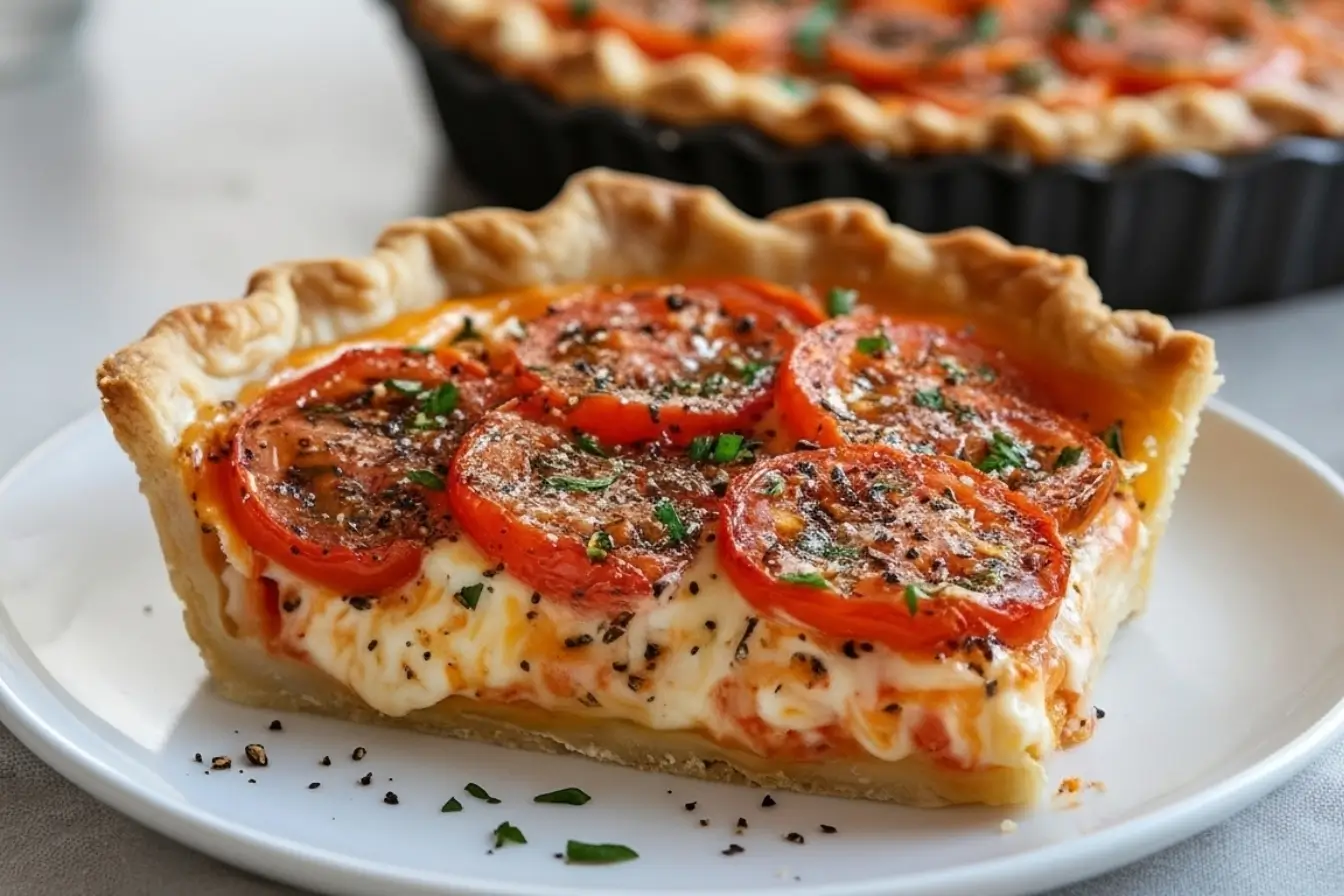 Slice of Georgia Cheesy Tomato Pie on a plate, flaky crust, creamy cheese filling, fresh tomato rounds and herbs, classic Southern tomato pie recipe