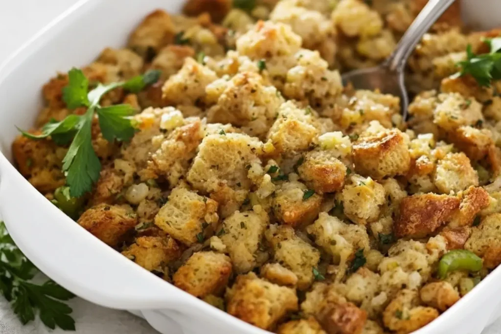 Grandma's Stuffing Recipe in a white casserole, golden crispy bread cubes with celery, onion, parsley, and sage, classic Thanksgiving side