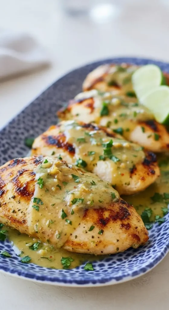 Juicy grilled chicken breasts with salsa verde and melted pepper jack, garnished with cilantro, easy weeknight Grilled Salsa Verde Pepper Jack Chicken