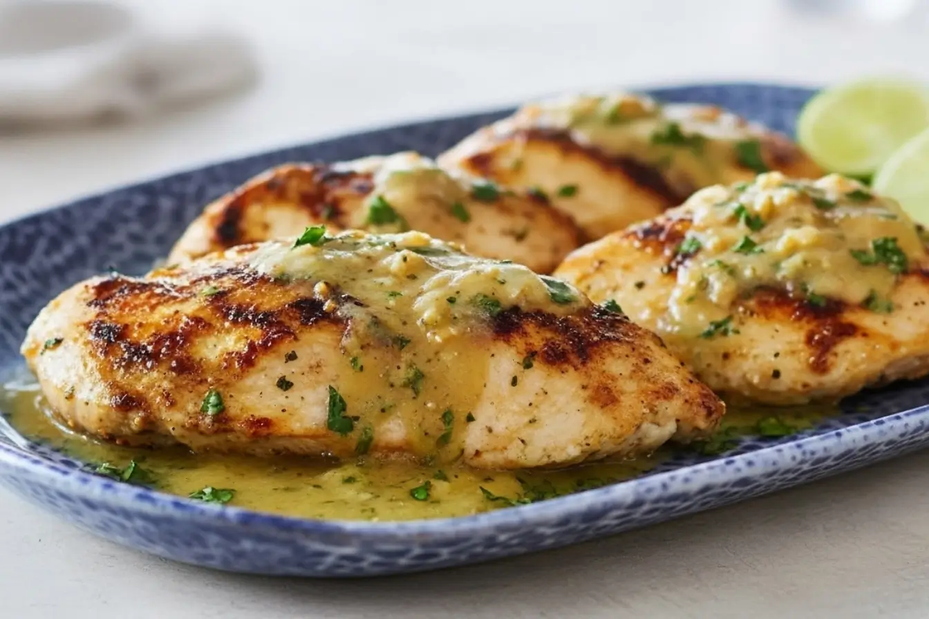 Grilled Salsa Verde Pepper Jack Chicken on a blue platter, juicy chicken breasts topped with creamy pepper jack and salsa verde, cilantro and lime wedges