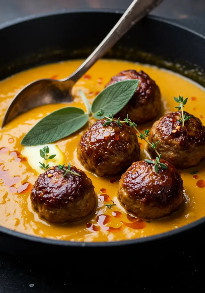 Pumpkin Sage Meatballs 4 Close-up of pumpkin sage meatballs made with ground turkey, glossy and tender in a rich pumpkin sauce, ideal for an easy weeknight dinner.