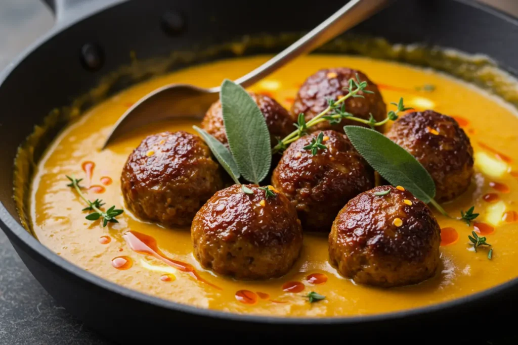 Ground turkey recipes pumpkin sage meatballs seared in a skillet and simmered in creamy pumpkin sauce with thyme and sage for cozy fall comfort food.