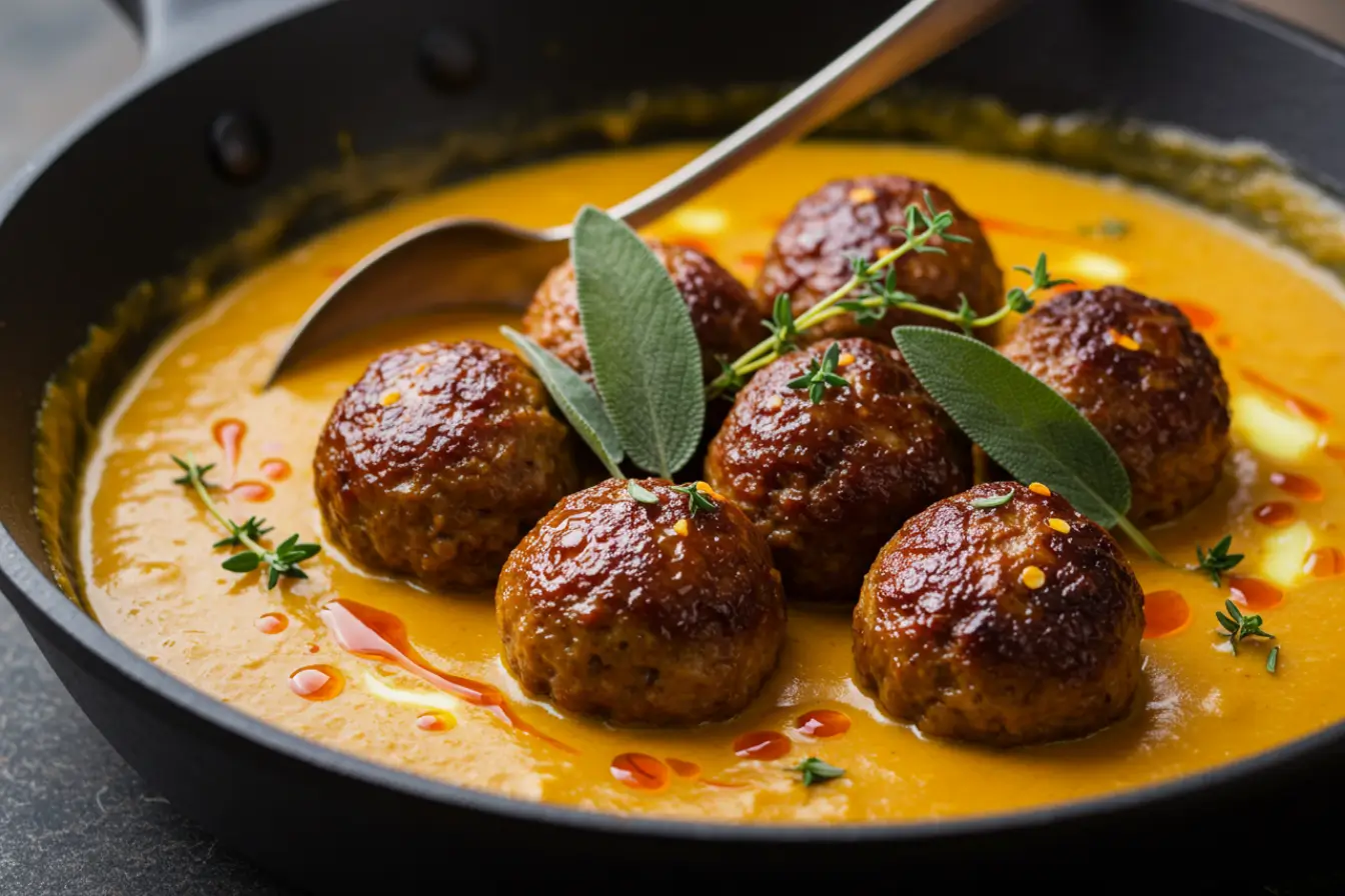 Pumpkin Sage Meatballs 3 Ground turkey recipes pumpkin sage meatballs seared in a skillet and simmered in creamy pumpkin sauce with thyme and sage for cozy fall comfort food.