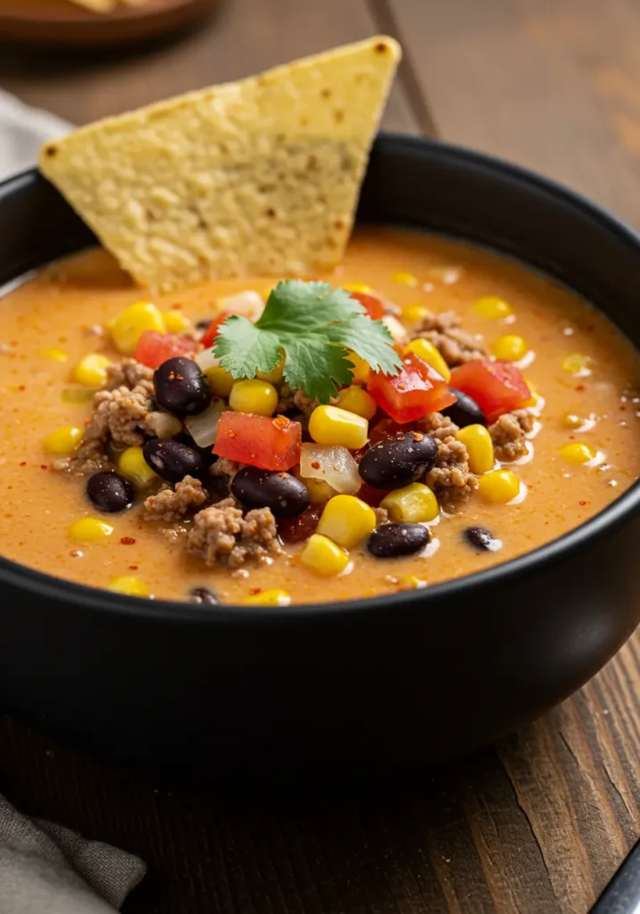 Cozy High Protein Creamy Taco Soup, rich and velvety with lean beef, black beans, sweet corn, and tomatoes, a macro friendly taco soup recipe