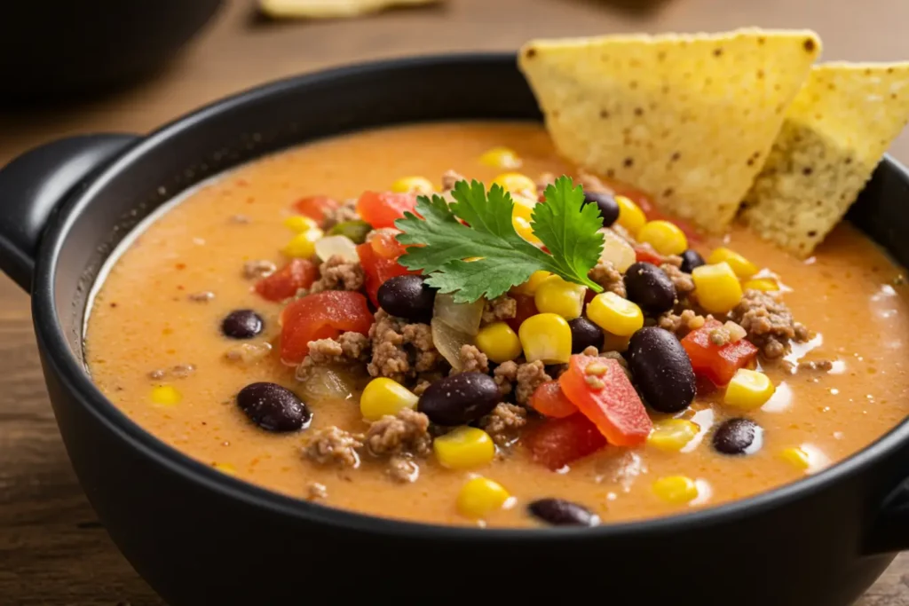 High Protein Creamy Taco Soup in a black bowl, topped with ground beef, black beans, corn, diced tomatoes, and cilantro, served with a tortilla chip