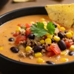 High Protein Creamy Taco Soup in a black bowl, topped with ground beef, black beans, corn, diced tomatoes, and cilantro, served with a tortilla chip