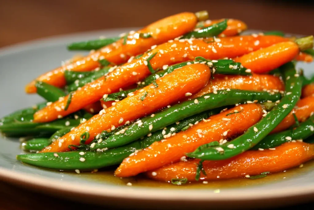 Honey Glazed Carrots & Green Beans, glossy garlic honey sauce, sprinkled with sesame and herbs, easy healthy vegetable side dish