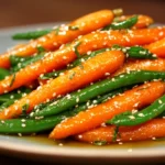 Honey Glazed Carrots & Green Beans, glossy garlic honey sauce, sprinkled with sesame and herbs, easy healthy vegetable side dish