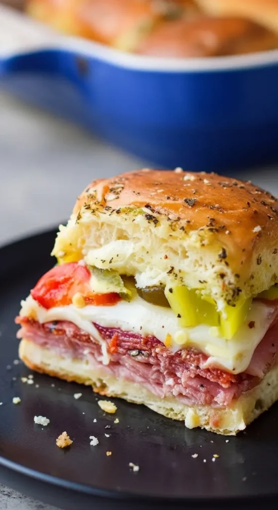 Close-up of a mini Hot Italian Sub Slider showing layers of deli meat, provolone, tomatoes, and peppers