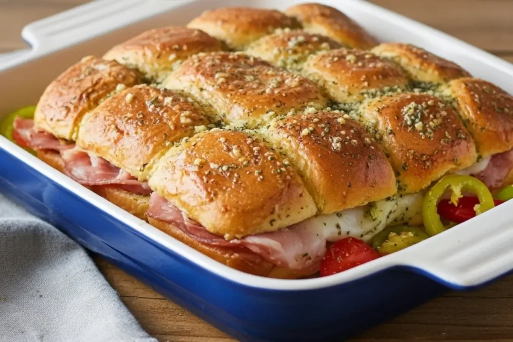 Hot Italian Sub Sliders with melty provolone, deli meats, and banana peppers on soft Hawaiian rolls