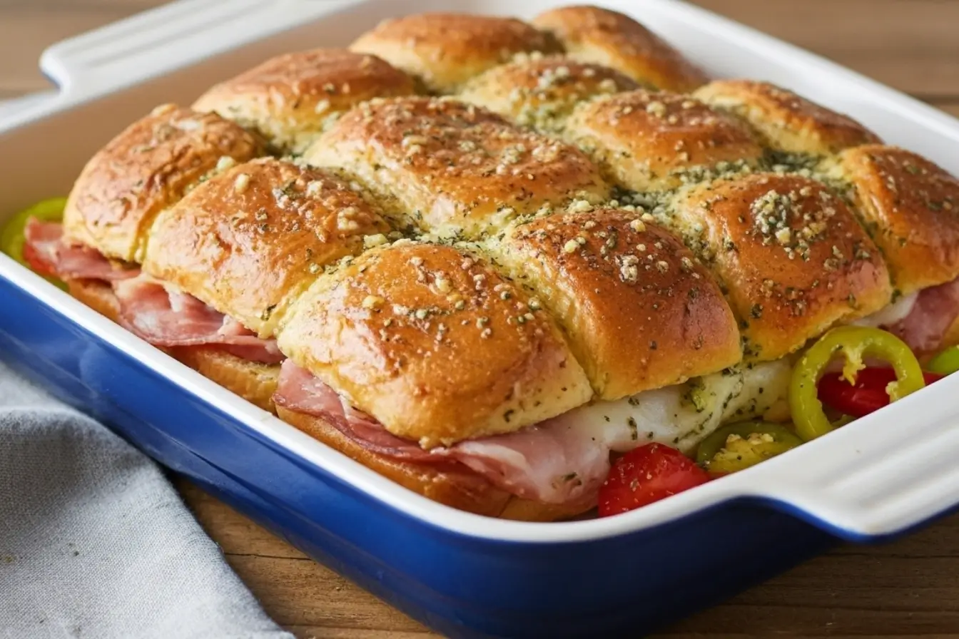 Hot Italian Sub Sliders with melty provolone, deli meats, and banana peppers on soft Hawaiian rolls