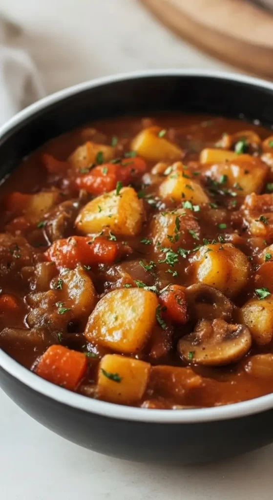 Close up of Irish Vegetarian Stew, chunky potatoes and carrots in rich broth, easy vegan meal prep, comforting weeknight dinner