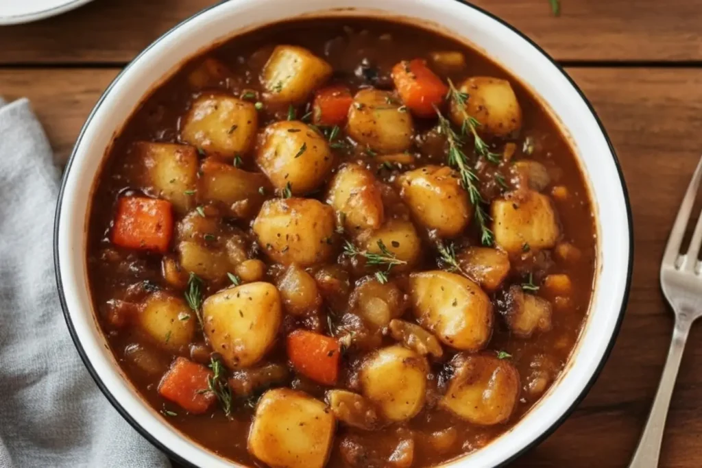 Bowl of Irish Vegetarian Stew with potatoes, carrots, and mushrooms, hearty plant based soup for a cozy vegan dinner