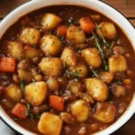 Bowl of Irish Vegetarian Stew with potatoes, carrots, and mushrooms, hearty plant based soup for a cozy vegan dinner