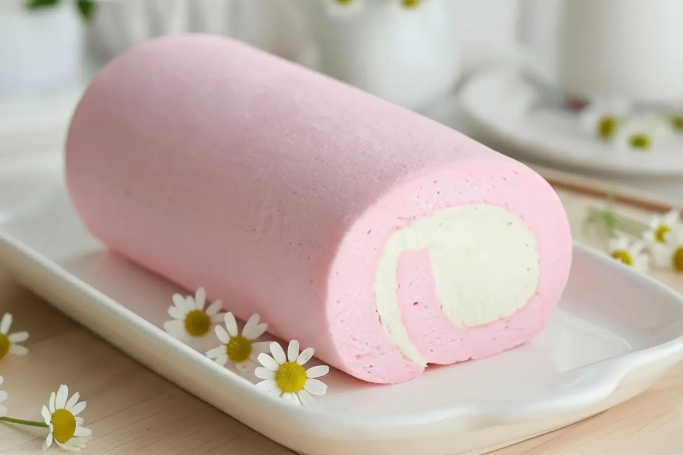 Japanese Cotton Candy Swiss Cake Roll 3 Pastel pink Japanese Cotton Candy Swiss Cake Roll with creamy white swirl on a platter