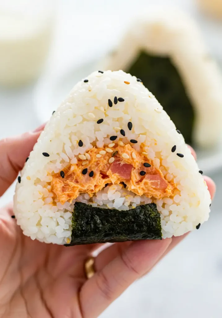 Three Japanese Tuna Onigiri on a ceramic plate, neatly wrapped with nori, sprinkled with sesame seeds, perfect for bento lunch.