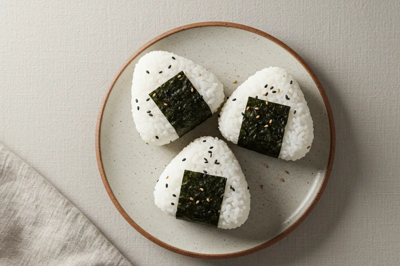 Close-up of Japanese Tuna Onigiri, triangle sushi rice ball with tuna mayo filling, black sesame seeds, and nori wrap held in hand.